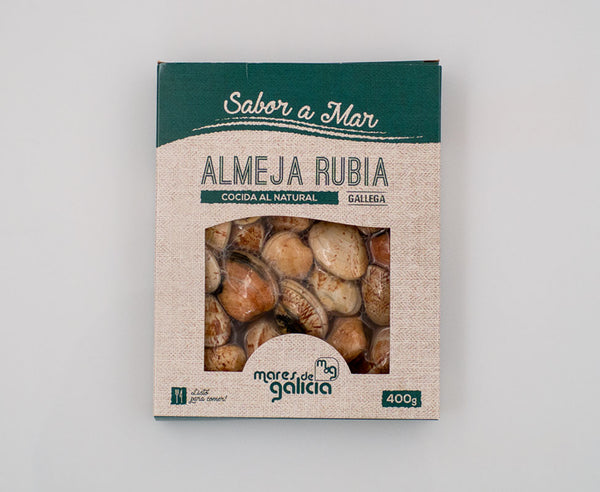 Presentación de la almeja rubia gallega cocida al natural y lista para comer
